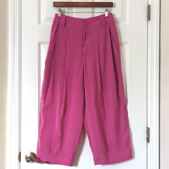 Anthropologie Classic Pleated High Waisted Cropped Wide Leg Trousers Hot Pink 4 - Picture 1 of 15